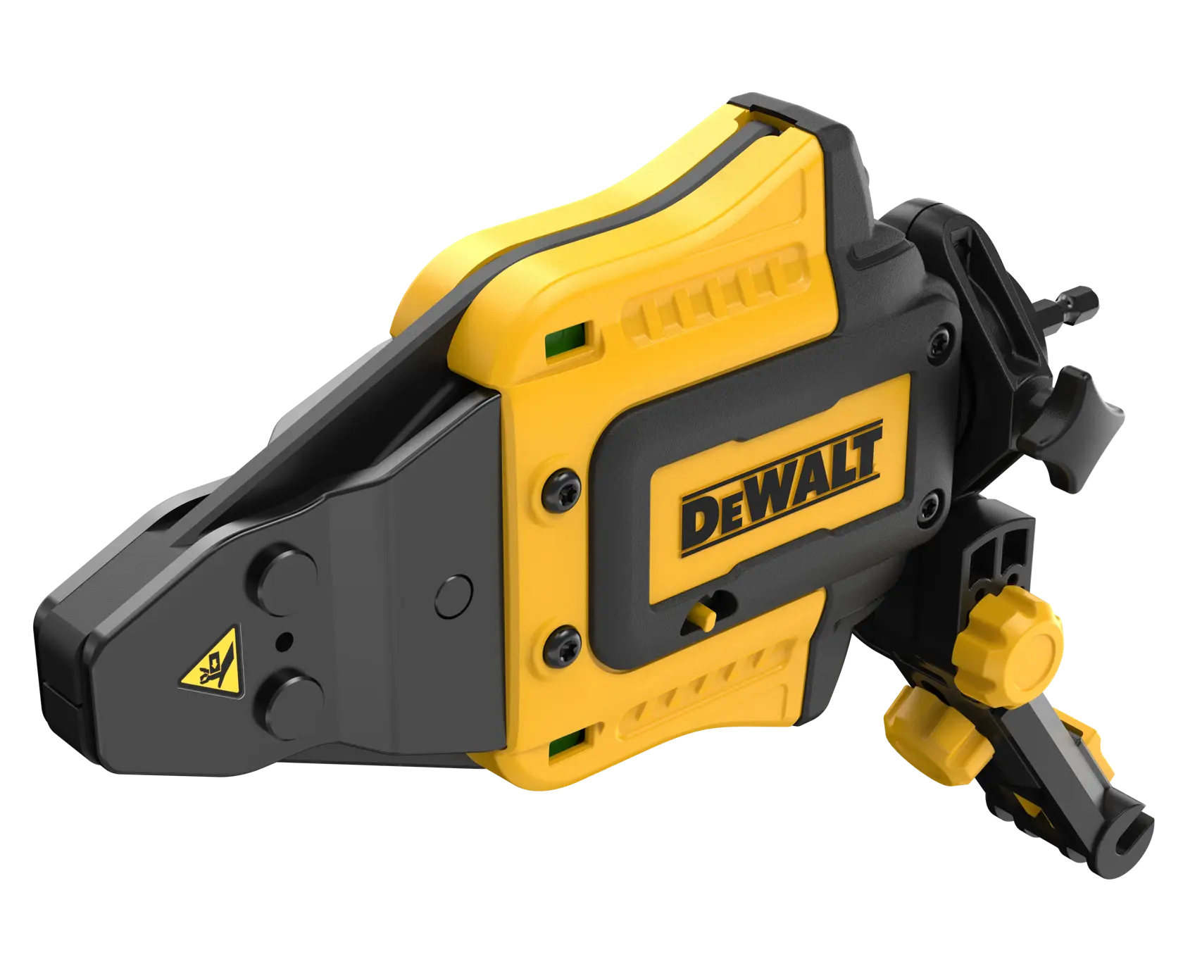 DEWALT yellow and black photography accessory with adjustable knobs and mounting features, shown on a white background.