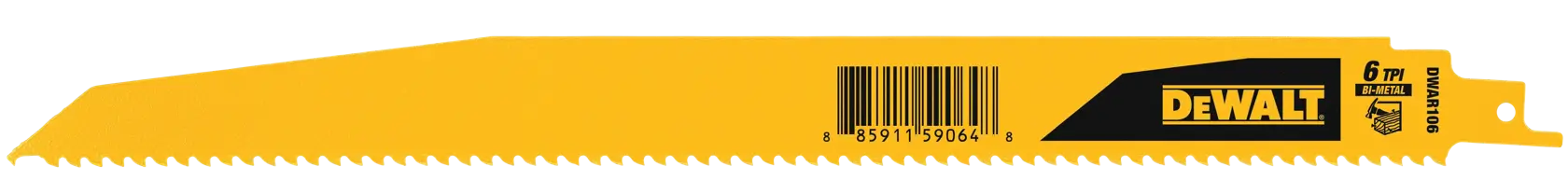 A yellow DEWALT reciprocating saw blade with sharp teeth, barcode, and branding details visible on the blade.