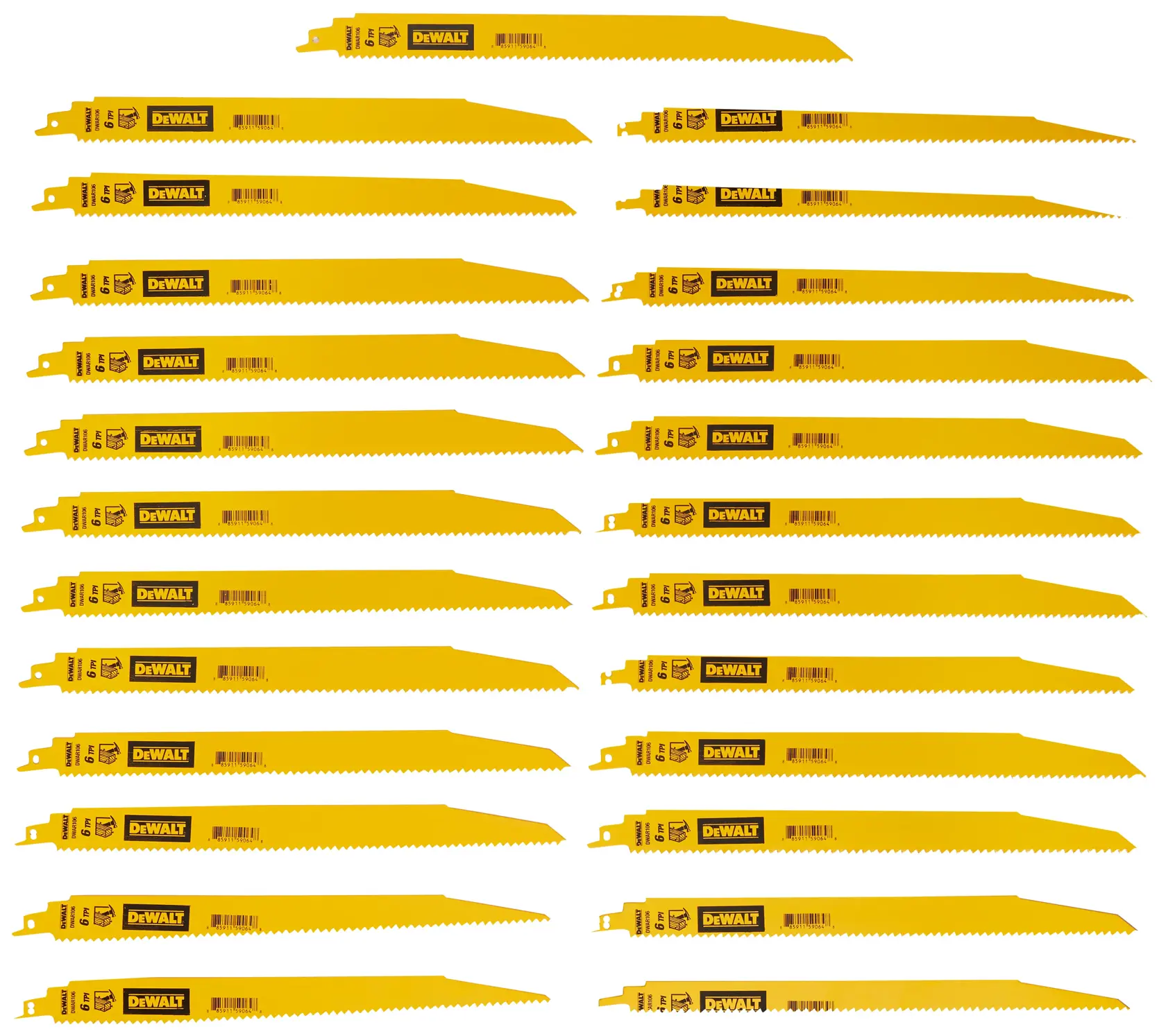 A set of twenty-five yellow DEWALT reciprocating saw blades arranged in a grid pattern. The blades vary in size and tooth configuration, suitable for different cutting applications.