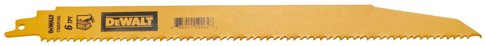 A DEWALT yellow reciprocating saw blade with sharp teeth, suitable for cutting wood. The blade has product information and branding printed on it.