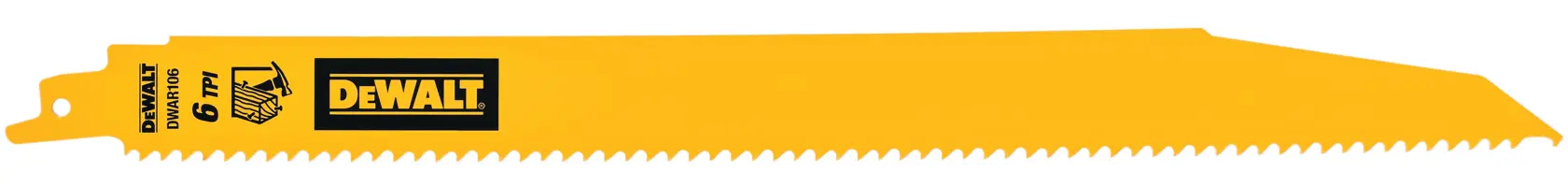 A yellow DEWALT reciprocating saw blade with sharp teeth, labeled 6 inches and 6 TPI, designed for cutting wood.