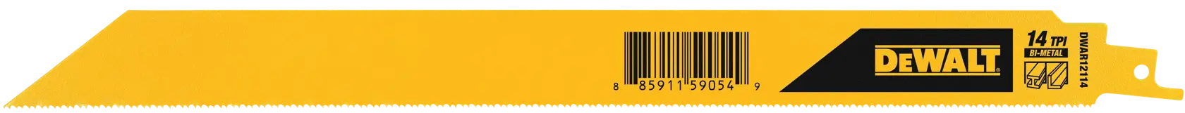 A yellow DEWALT reciprocating saw blade with 14 teeth per inch, featuring a barcode and brand logo on the side.