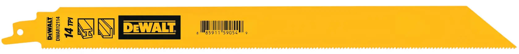 A yellow DEWALT reciprocating saw blade with a straight edge and fine teeth, labeled with product information and barcode.