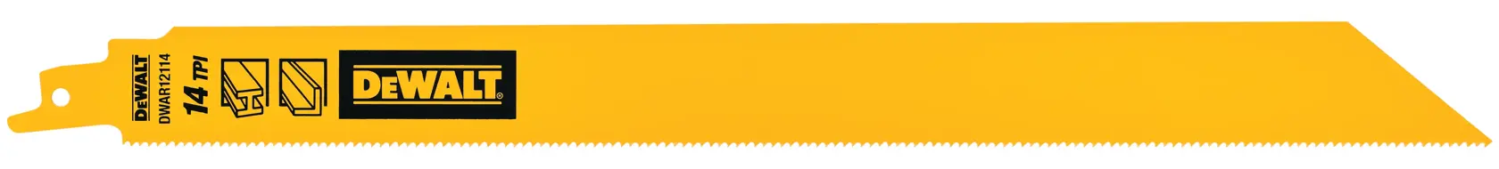 A yellow DEWALT reciprocating saw blade with fine teeth and printed logos and specifications near the base.