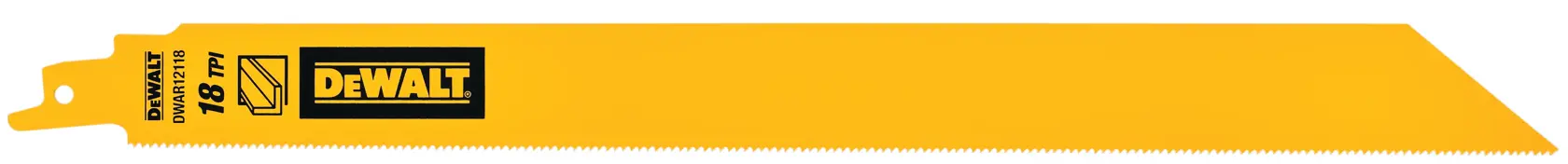 Yellow DEWALT reciprocating saw blade with fine teeth, model DWAR12118, designed for cutting metal.