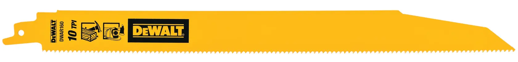 A yellow DEWALT reciprocating saw blade with serrated edges, labeled DWAR160 and 10 TPI, designed for cutting wood.