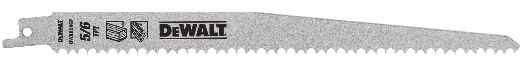 A DEWALT reciprocating saw blade with sharp teeth, designed for cutting wood and other materials. The blade is labeled DWAR596P and features the DEWALT logo, as well as cutting specifications.