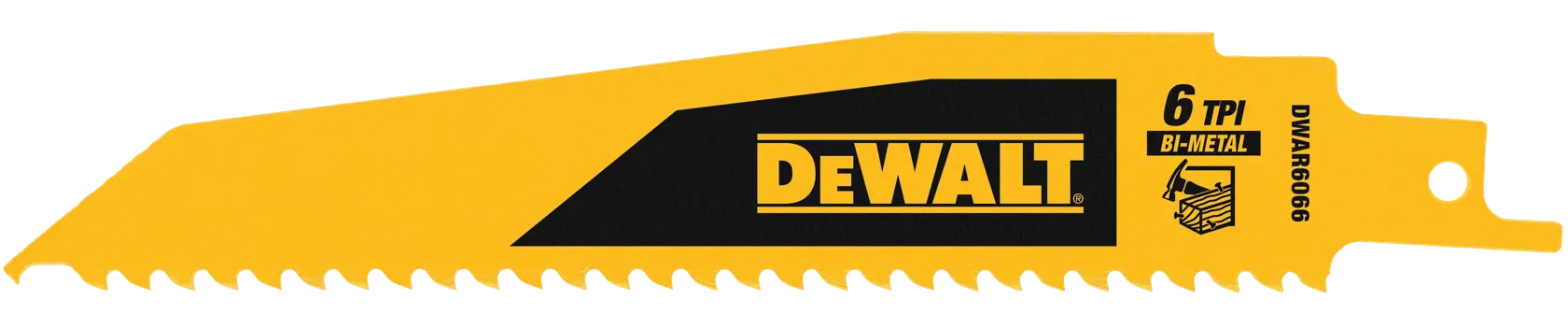 A DEWALT branded bi-metal reciprocating saw blade with 6 TPI, yellow in color, featuring sharp teeth and product code DWAR6066N25.