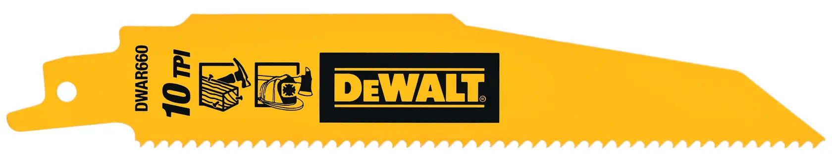 A yellow DEWALT reciprocating saw blade with 10 teeth per inch (TPI). The blade features the DEWALT logo, product code DWAR660, and illustrations indicating wood cutting capabilities.
