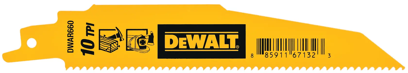 A yellow DEWALT reciprocating saw blade, model DWAR660, featuring 10 teeth per inch, with pictograms indicating it is suitable for cutting wood, and a barcode printed on the blade.