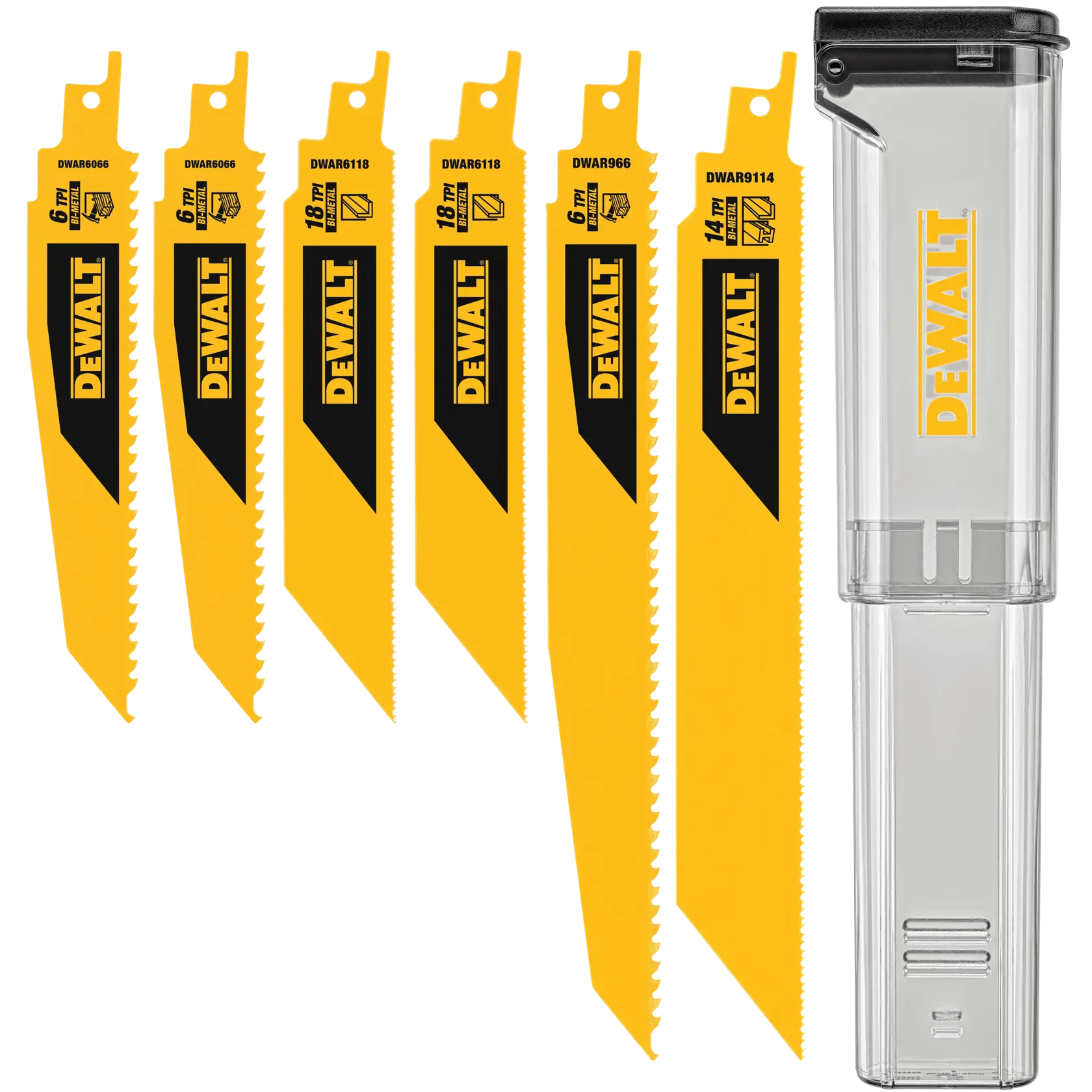 A set of six DEWALT reciprocating saw blades in yellow and black, each with varying teeth per inch and lengths, displayed alongside a transparent DEWALT-branded storage case.
