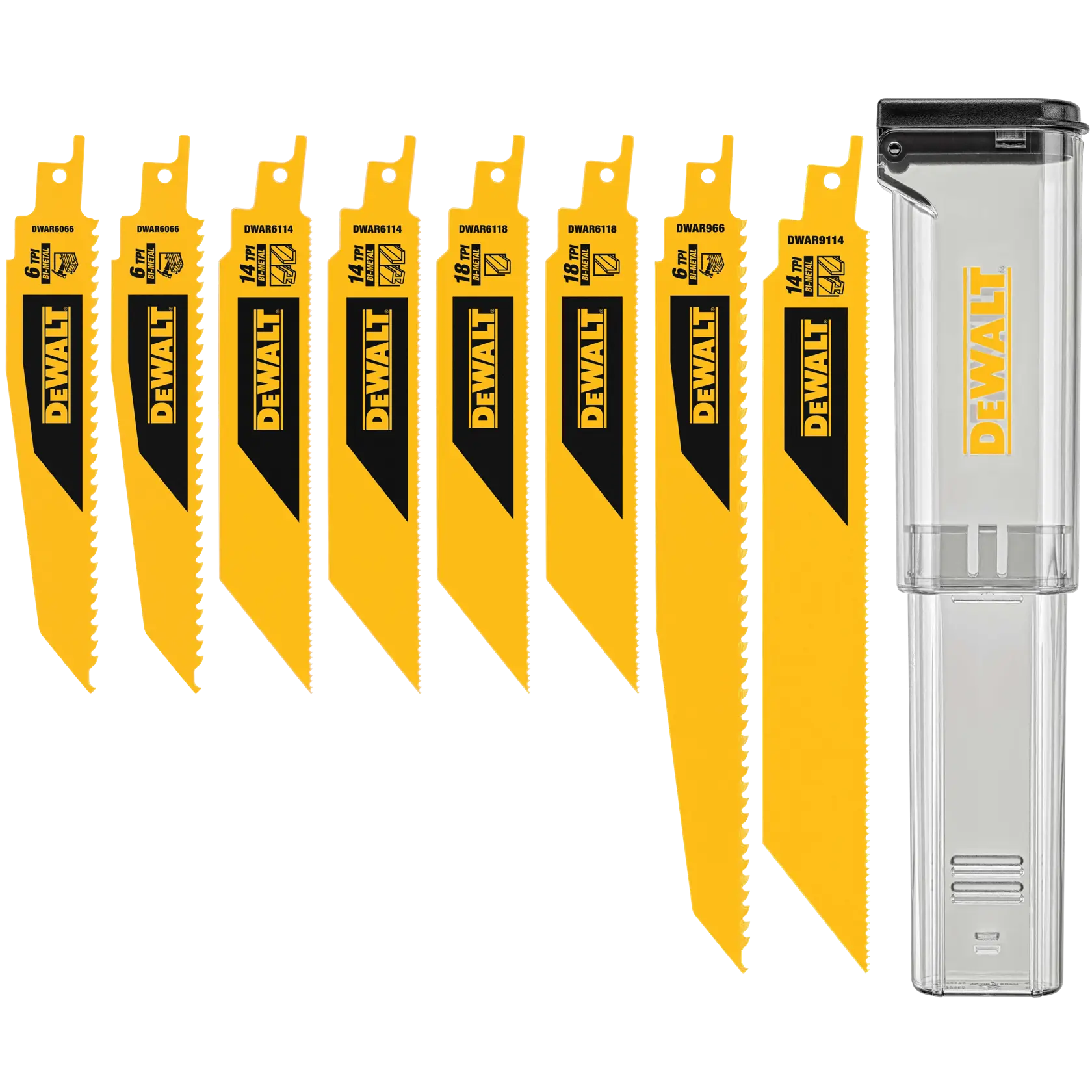 Set of eight yellow and black DEWALT reciprocating saw blades of various sizes, shown with a clear plastic storage case, all arranged in a row.