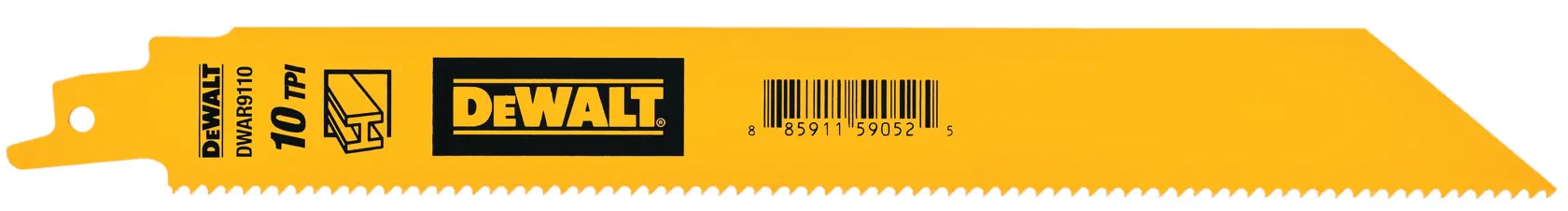 A yellow DEWALT reciprocating saw blade with 10 TPI (teeth per inch) and model number DWAR9110, designed for cutting wood.