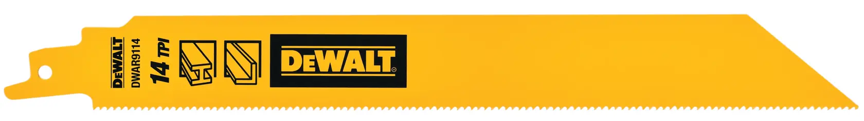 A yellow DEWALT reciprocating saw blade, model DWAR9114B25, with 14 teeth per inch (TPI) indicated on the blade. The blade has a straight body with angled cut and fine teeth, suitable for cutting metal or other materials.