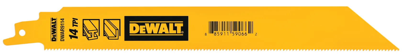 A DEWALT DWAR9114B reciprocating saw blade, shown in bright yellow color with the DEWALT logo, product information, and barcode visible. The blade has fine teeth and a slanted tip designed for cutting metal and other materials.