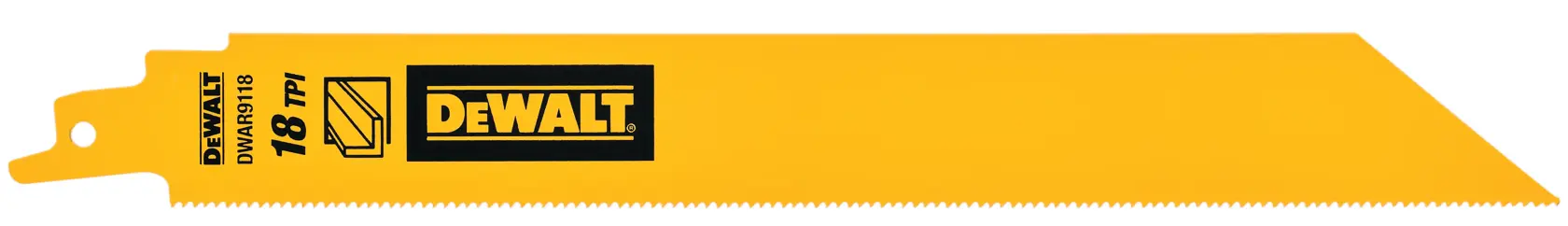 DEWALT DWAR9118 yellow reciprocating saw blade with 18 teeth per inch, suitable for cutting metal.