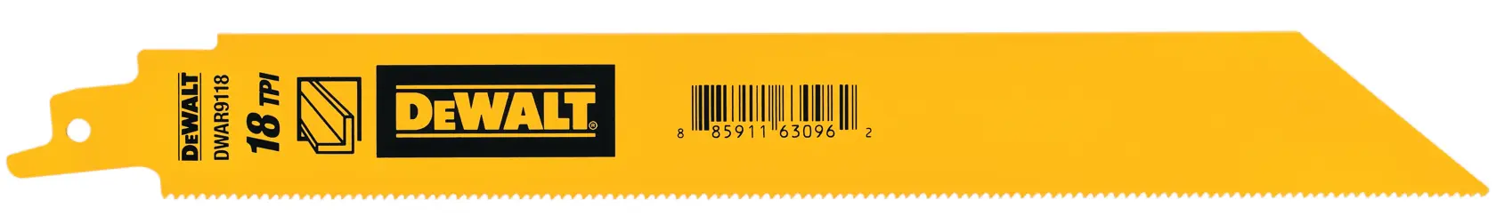 A yellow DEWALT reciprocating saw blade with 18 teeth per inch (TPI), model DWAR9118, shown against a white background. The blade has a barcode and the DEWALT logo printed on it.
