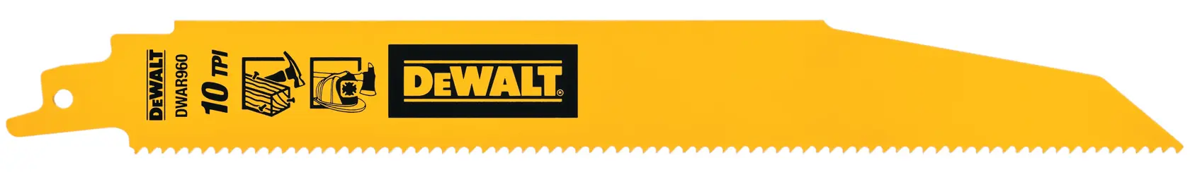 A yellow DEWALT reciprocating saw blade, model DWAR960, with 10 teeth per inch (TPI), designed for cutting wood, featuring DEWALT branding and safety icons on the blade.