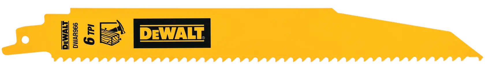 A DEWALT yellow reciprocating saw blade, model DWAR966B25, designed for cutting with 6 teeth per inch (TPI).