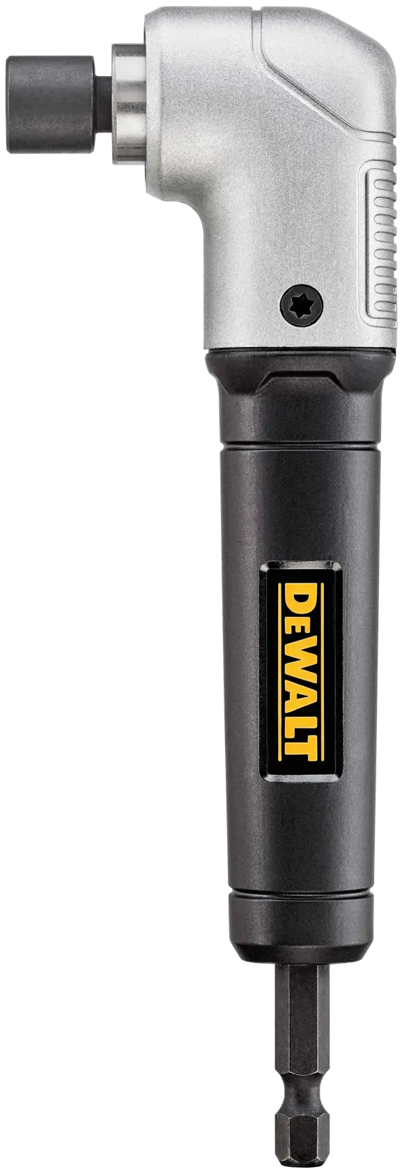 A DEWALT branded right angle drill attachment, featuring a black handle and a silver head with a hex shank for drill or driver use.