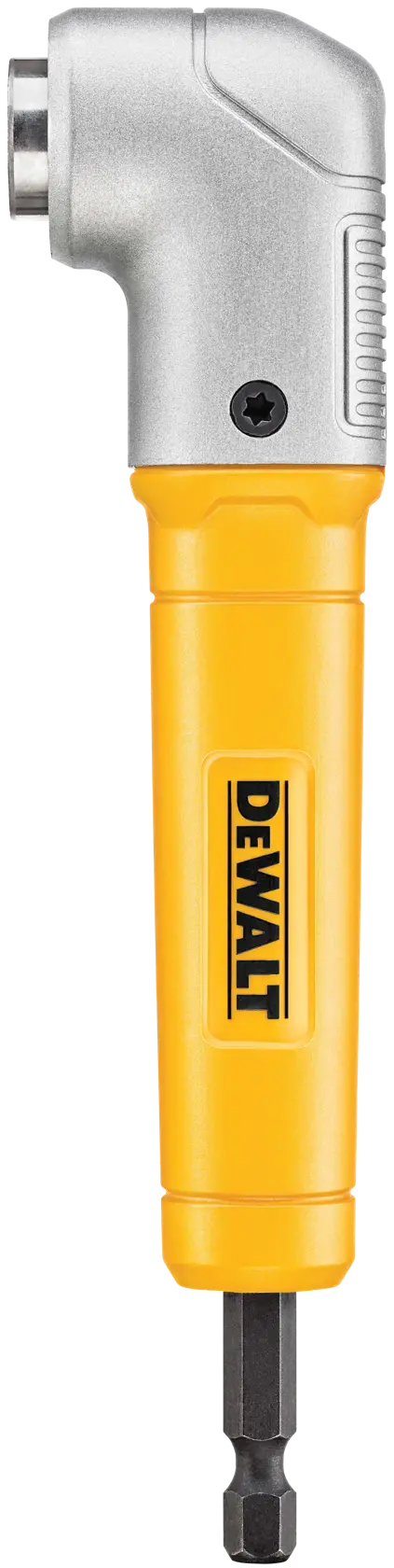 A DEWALT right angle drill attachment with a yellow handle and metallic head, designed for accessing tight spaces in drilling and fastening applications.