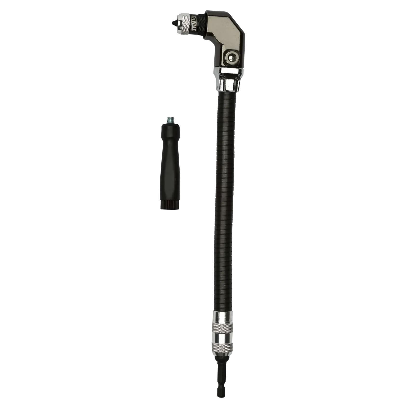 A DEWALT flexible shaft attachment with a right angle head and a detachable grip handle. The tool is designed for precision work in tight spaces and is shown against a plain white background.