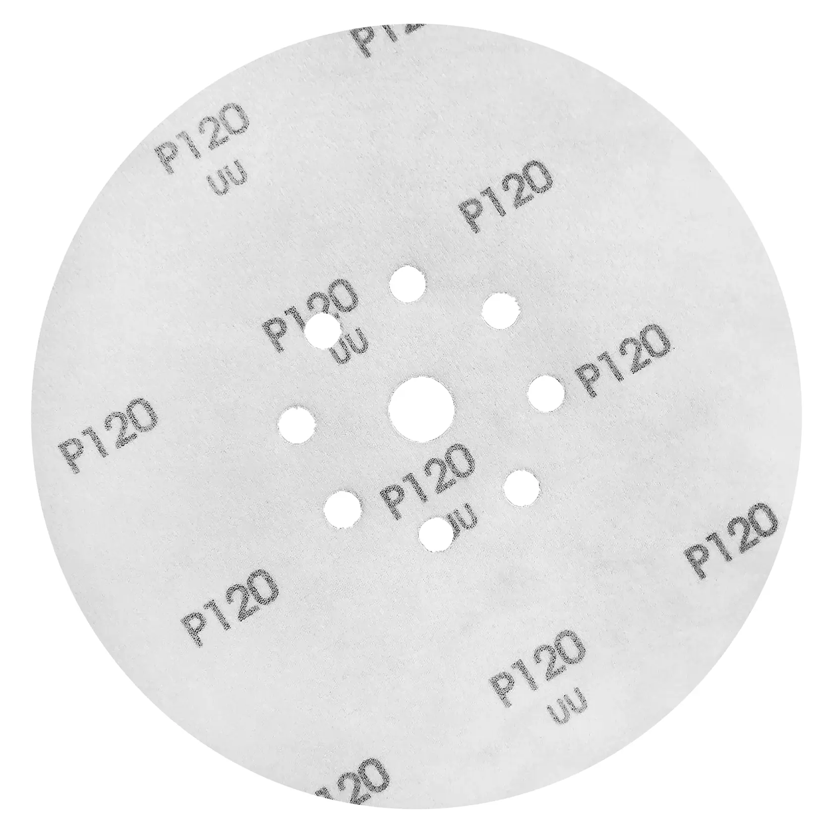 A round white sandpaper disc with multiple holes in the center, labeled with 'P120' grit.