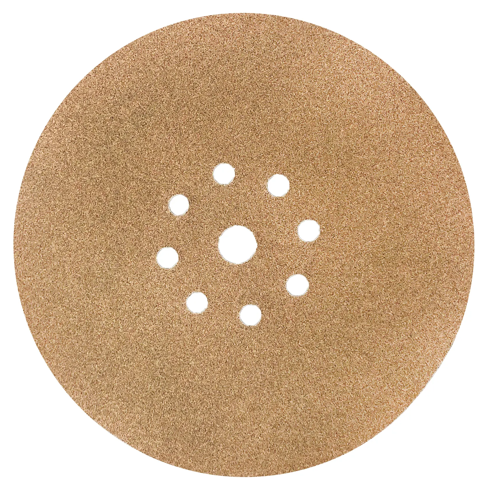 A circular sandpaper disc with multiple holes in the center, designed for use with a power sander.