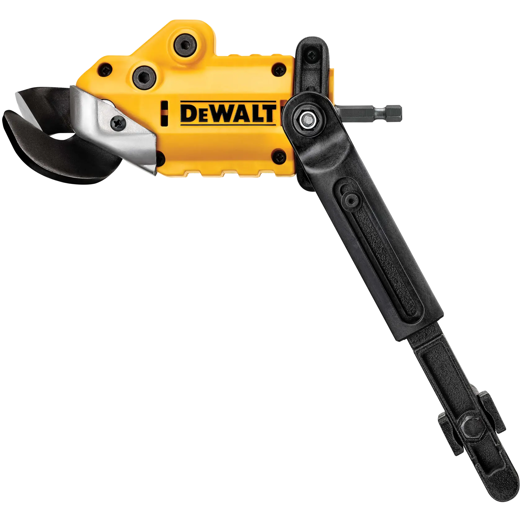 A DEWALT branded sheet metal shear attachment, featuring a yellow body and black handle, designed to be connected to a power drill for cutting metal sheets.