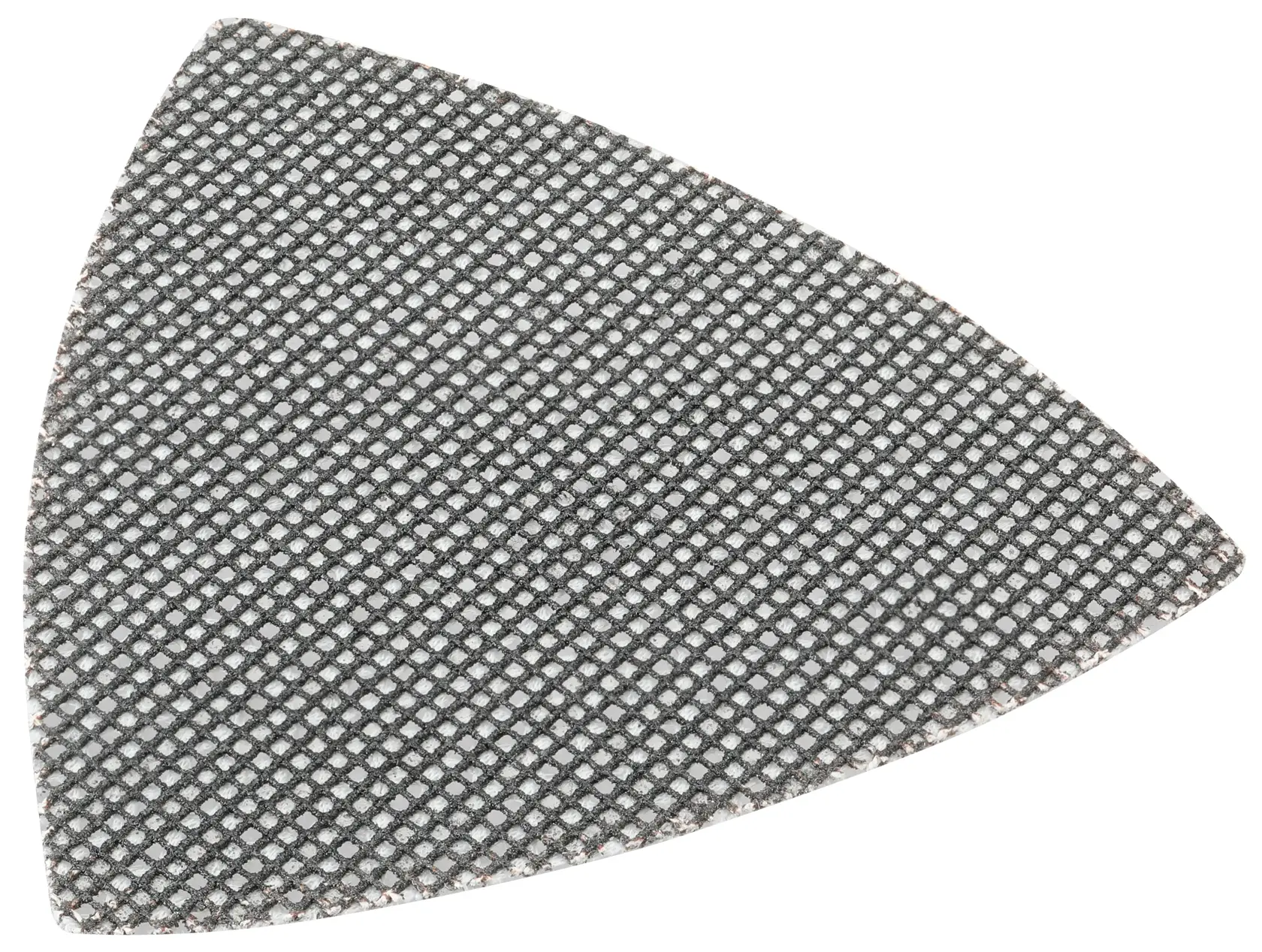A triangular sanding sheet with a mesh design, likely used for detail sanders or oscillating tools. The sheet has a grid texture and is gray in color.