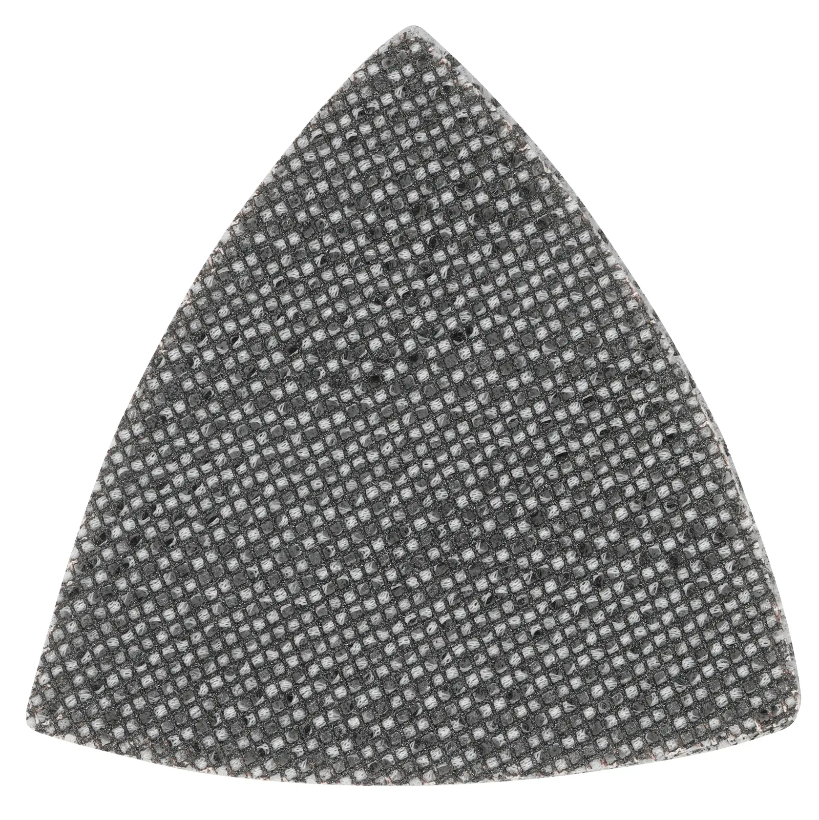 A close-up image of a triangular mesh sanding pad with a textured gray surface.