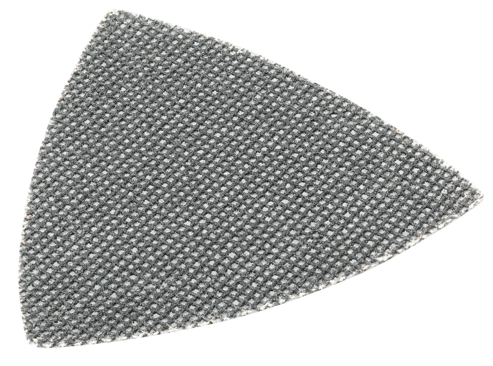 A close-up image of a triangular grey mesh sanding pad, designed for use with power tools for smoothing surfaces.