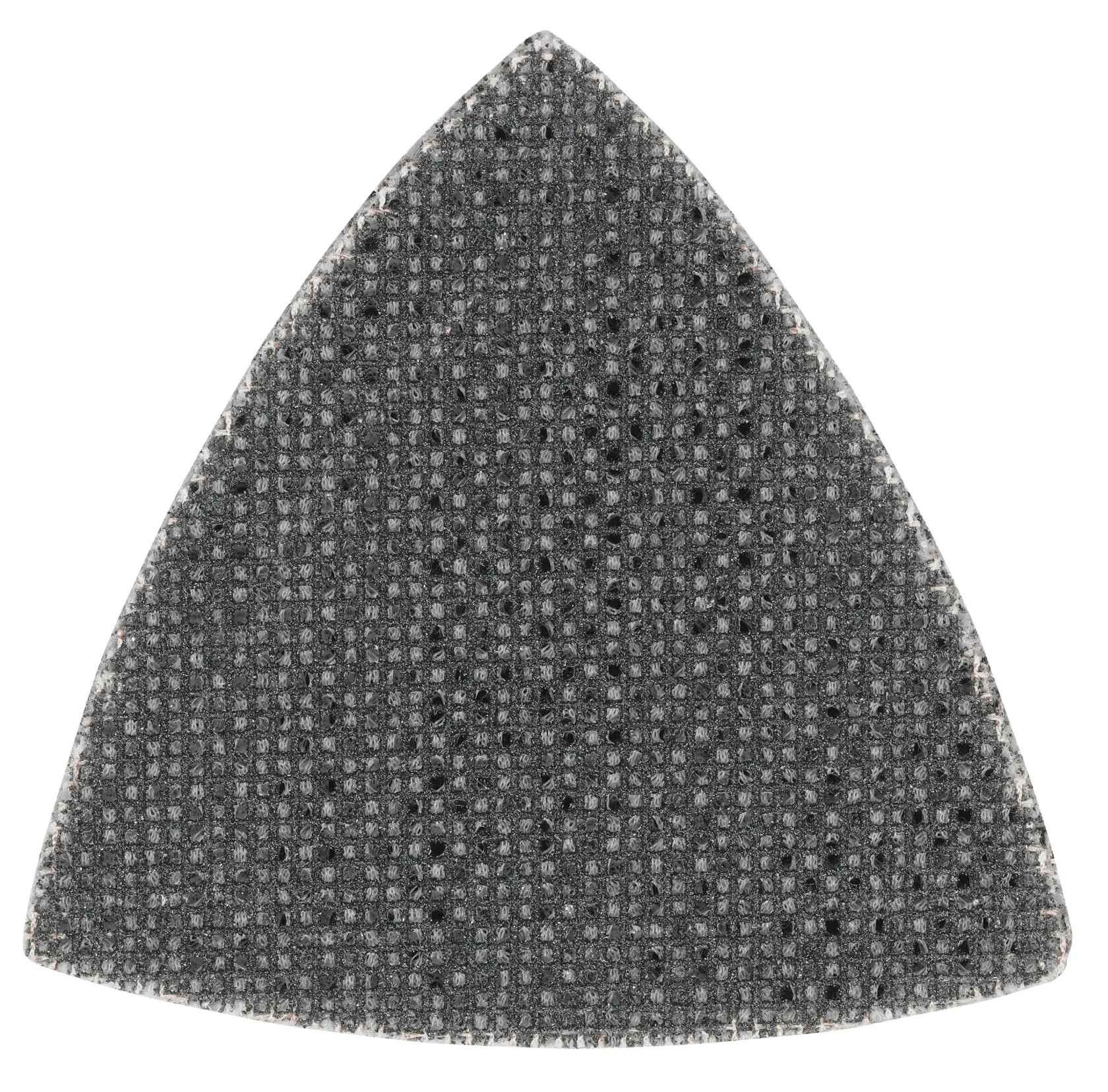 A close-up image of a triangular mesh sanding sheet, dark grey in color, designed for attachment to a power tool for sanding applications.