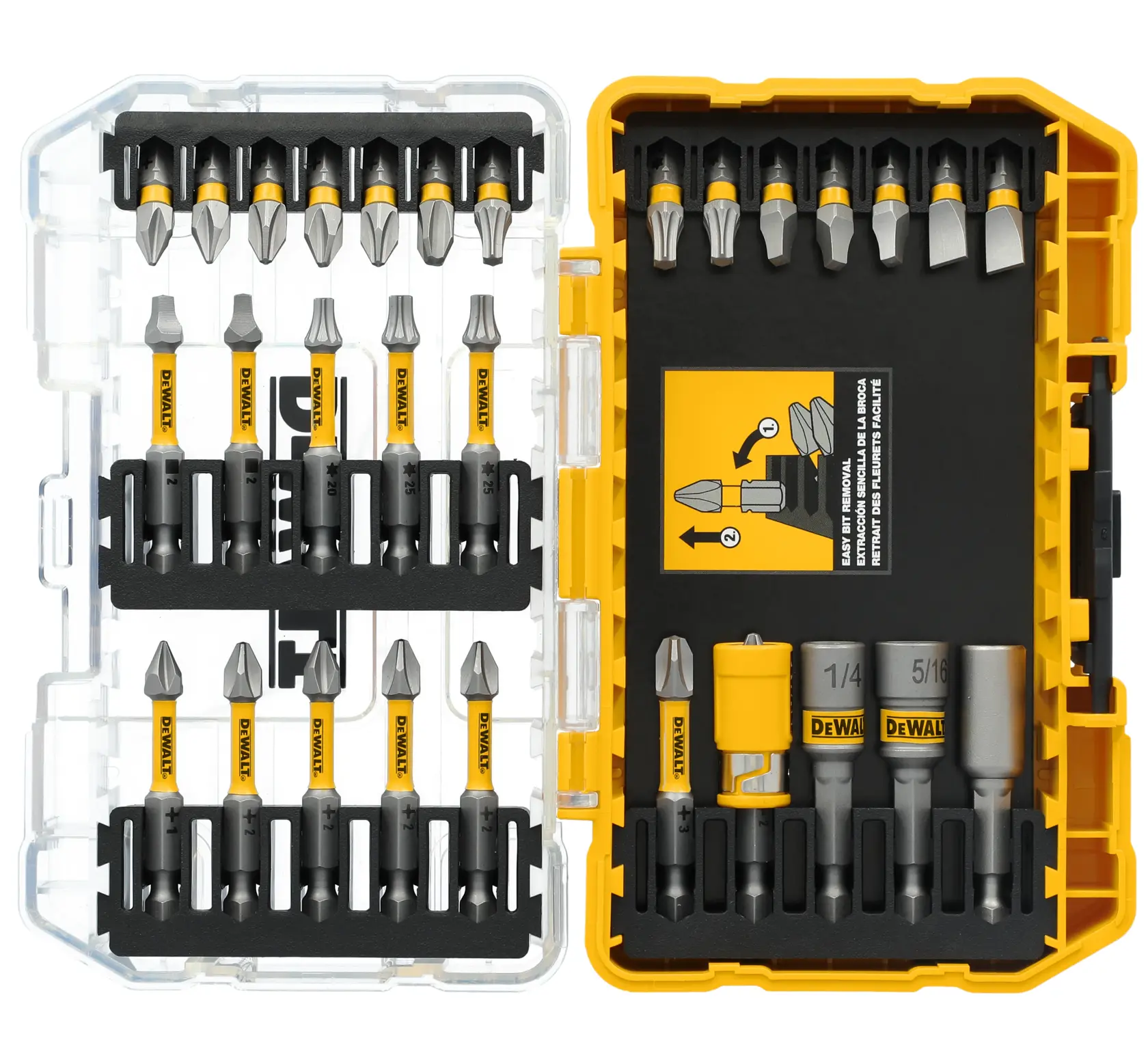 A DEWALT branded yellow and black plastic case containing a 30-piece set of screwdriver bits and nut drivers. The bits are arranged in organized rows, and the case has a clear lid on the left side. The set includes various types and sizes of screwdriver bits, all with yellow and black DEWALT labeling.