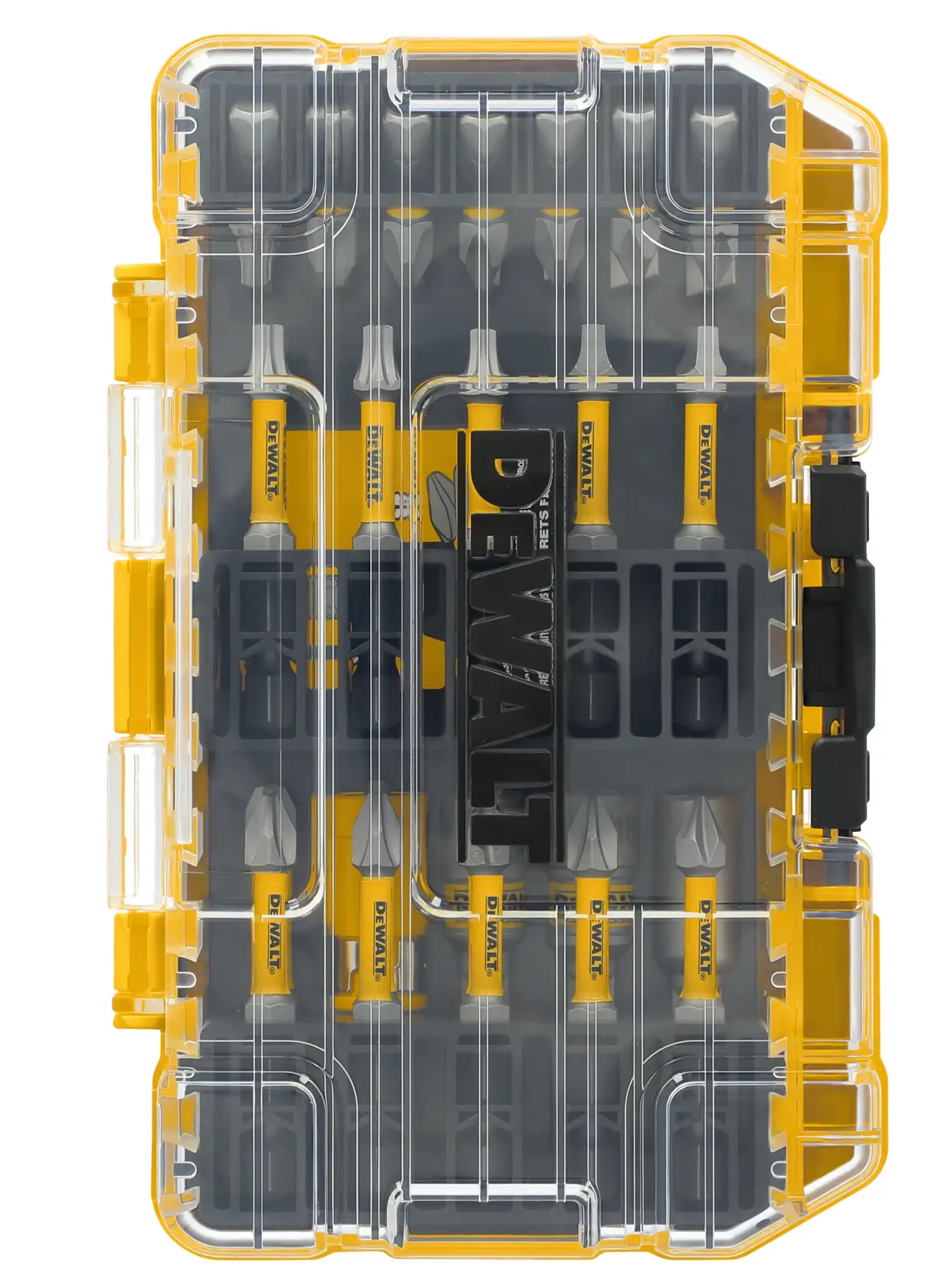 DEWALT branded bit set in a transparent yellow and black plastic storage case, showing multiple screwdriver bits organized in compartments.