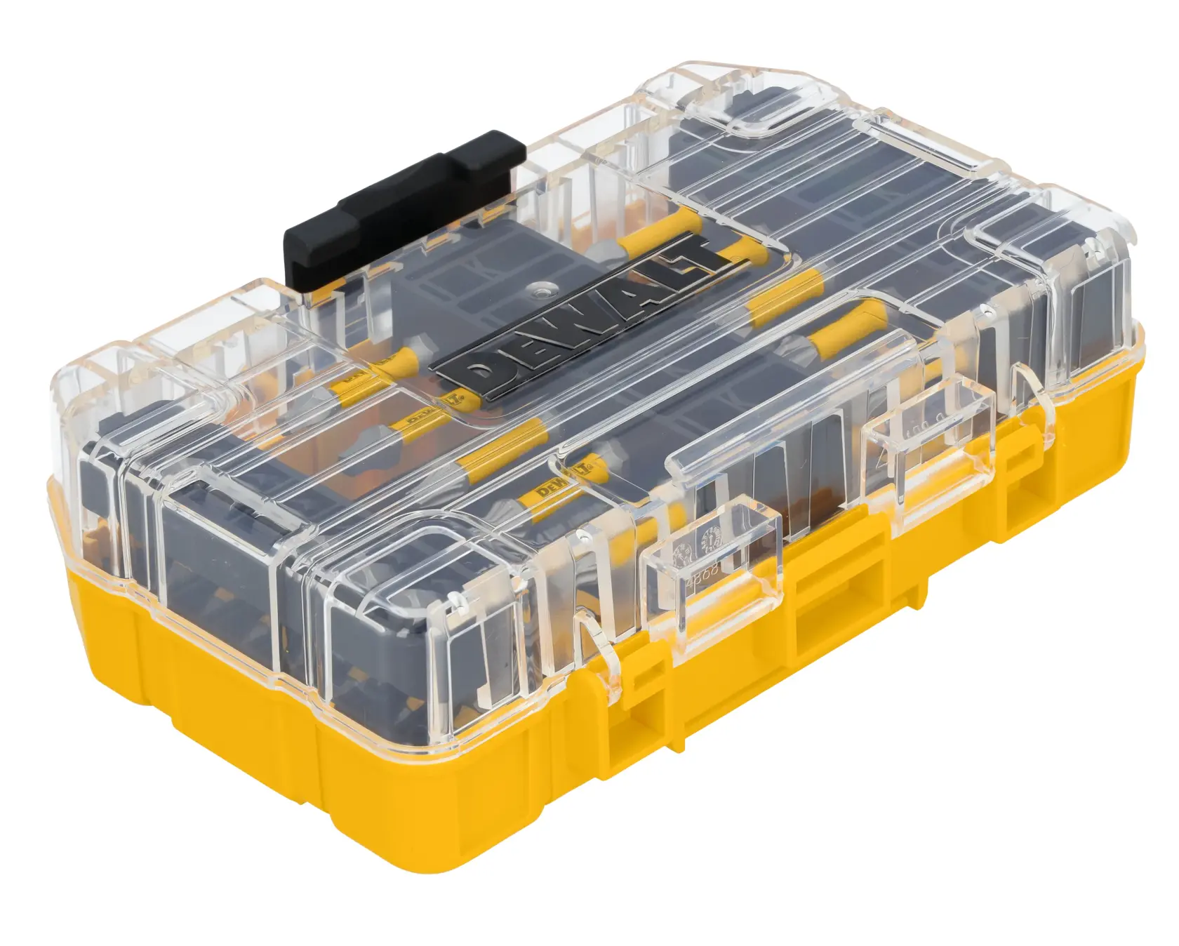 A DEWALT branded plastic organizer case with a transparent lid and yellow base, designed for storing and organizing small tools or accessories.