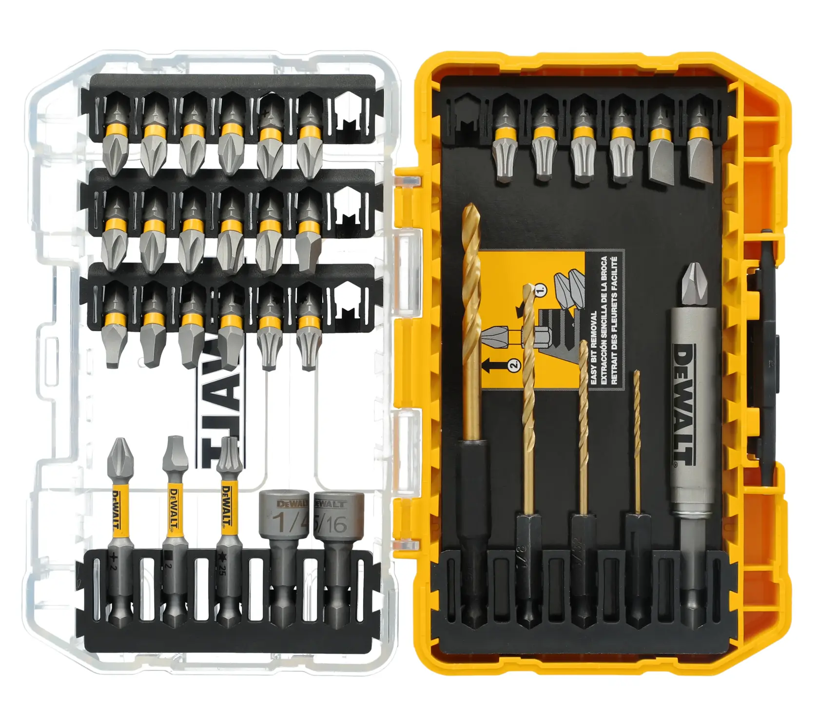 A DEWALT multipurpose drill and screwdriver bit set in a sturdy yellow and transparent plastic case. The set includes various screwdriver bits, drill bits, and a bit holder, organized in individual slots for easy access.