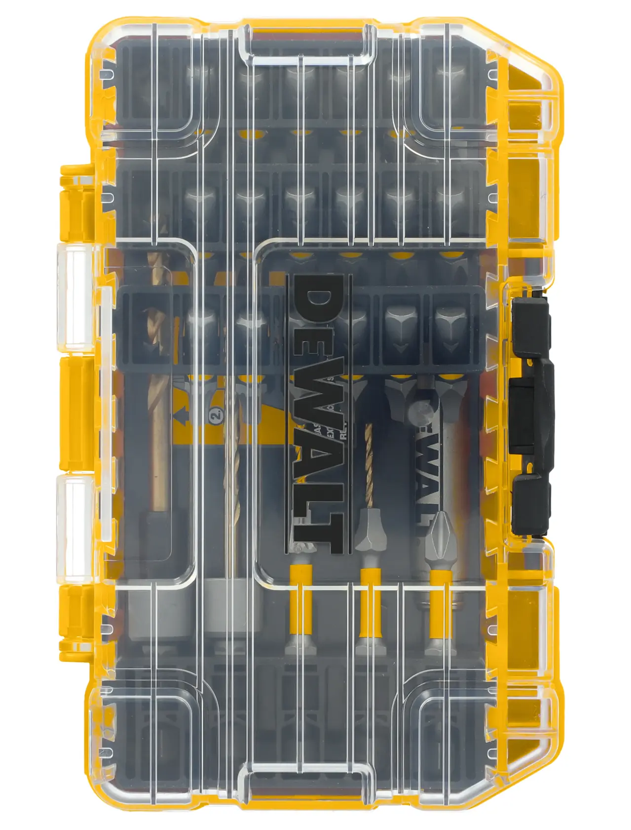 A clear plastic and yellow DEWALT branded storage case containing various drill bits and screwdriver bits. The case has a secure black latch and transparent lid, showing the organized arrangement of tools inside.
