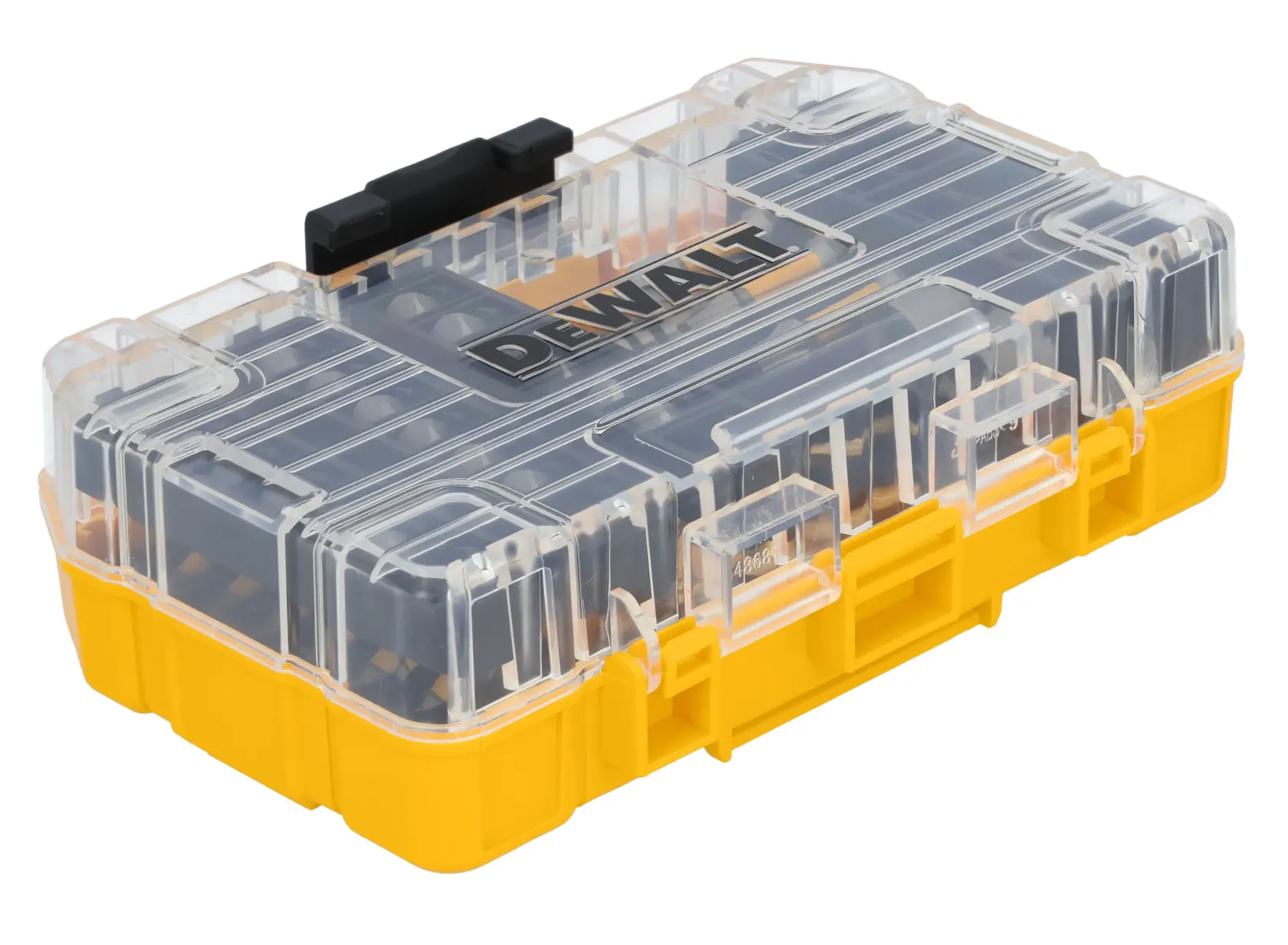 A DEWALT-branded yellow and transparent plastic tool case with black latch, designed for organizing and storing small accessories.
