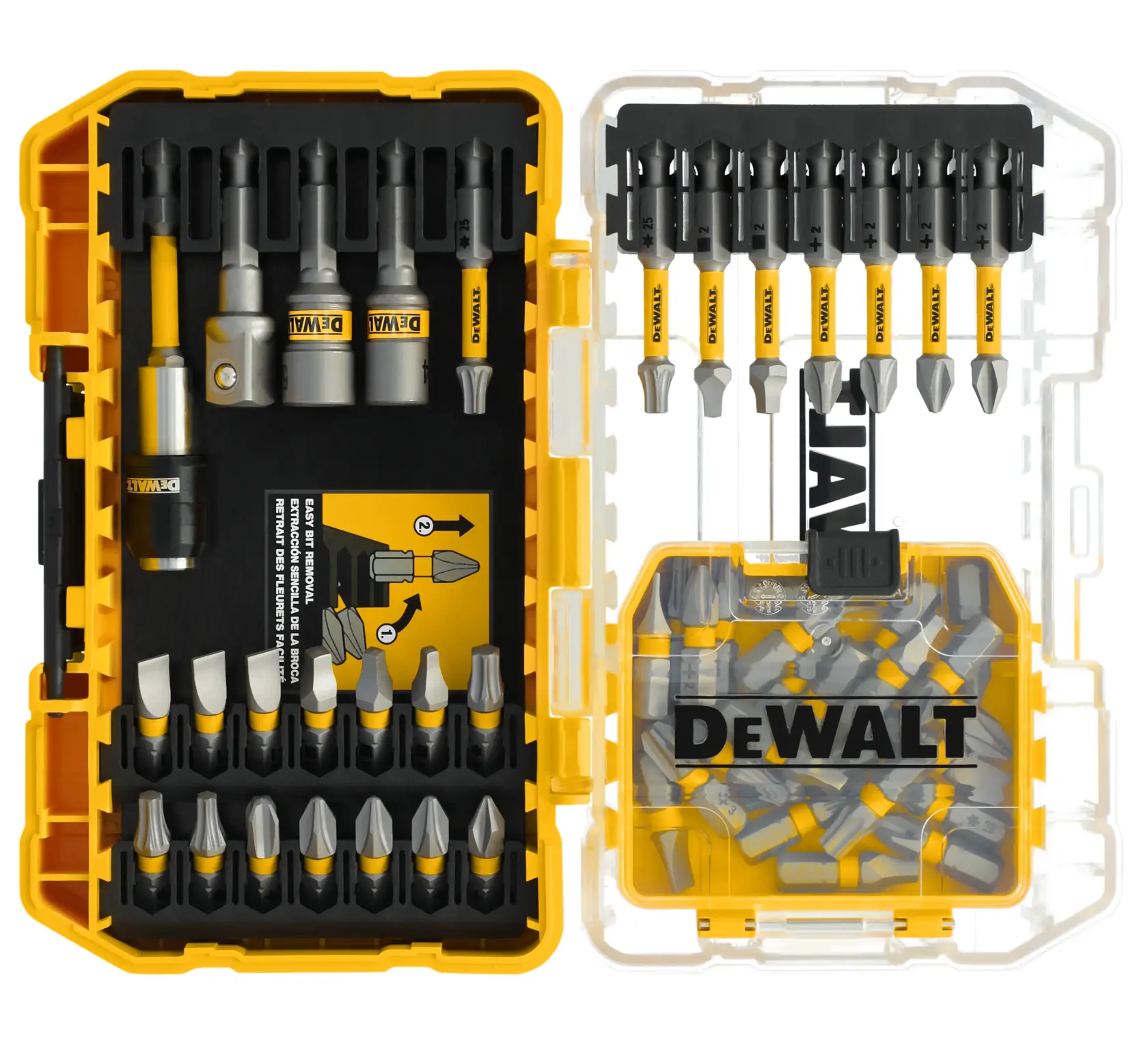 A DEWALT branded drill bit set in a yellow and transparent plastic case. The case is open, showing multiple types and sizes of screwdriver bits, drill bits, and bit holders organized neatly in slots. The DEWALT logo is visible on both the bits and inside the case.