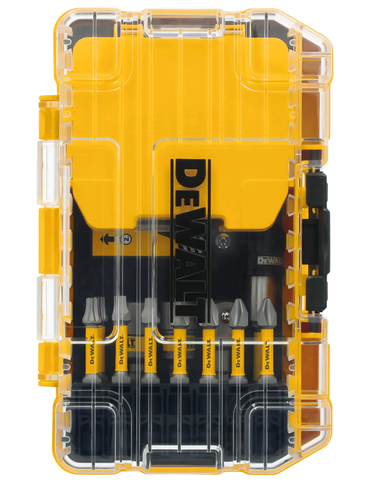 A clear plastic case with a yellow and black interior, containing a set of DEWALT screwdriver bits organized in rows.
