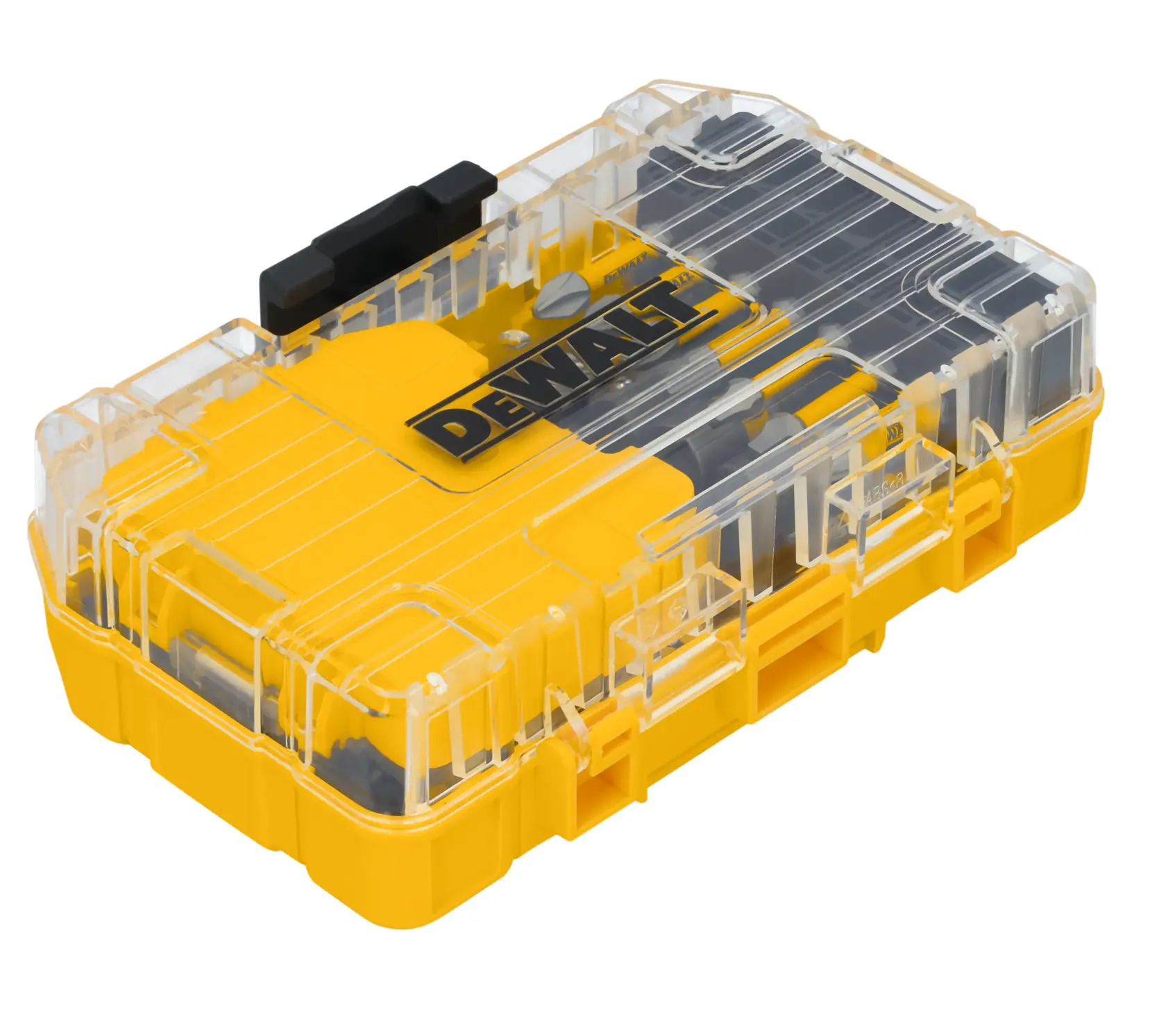 A yellow DEWALT branded plastic storage case with a transparent lid, designed for organizing and storing tools or accessories.