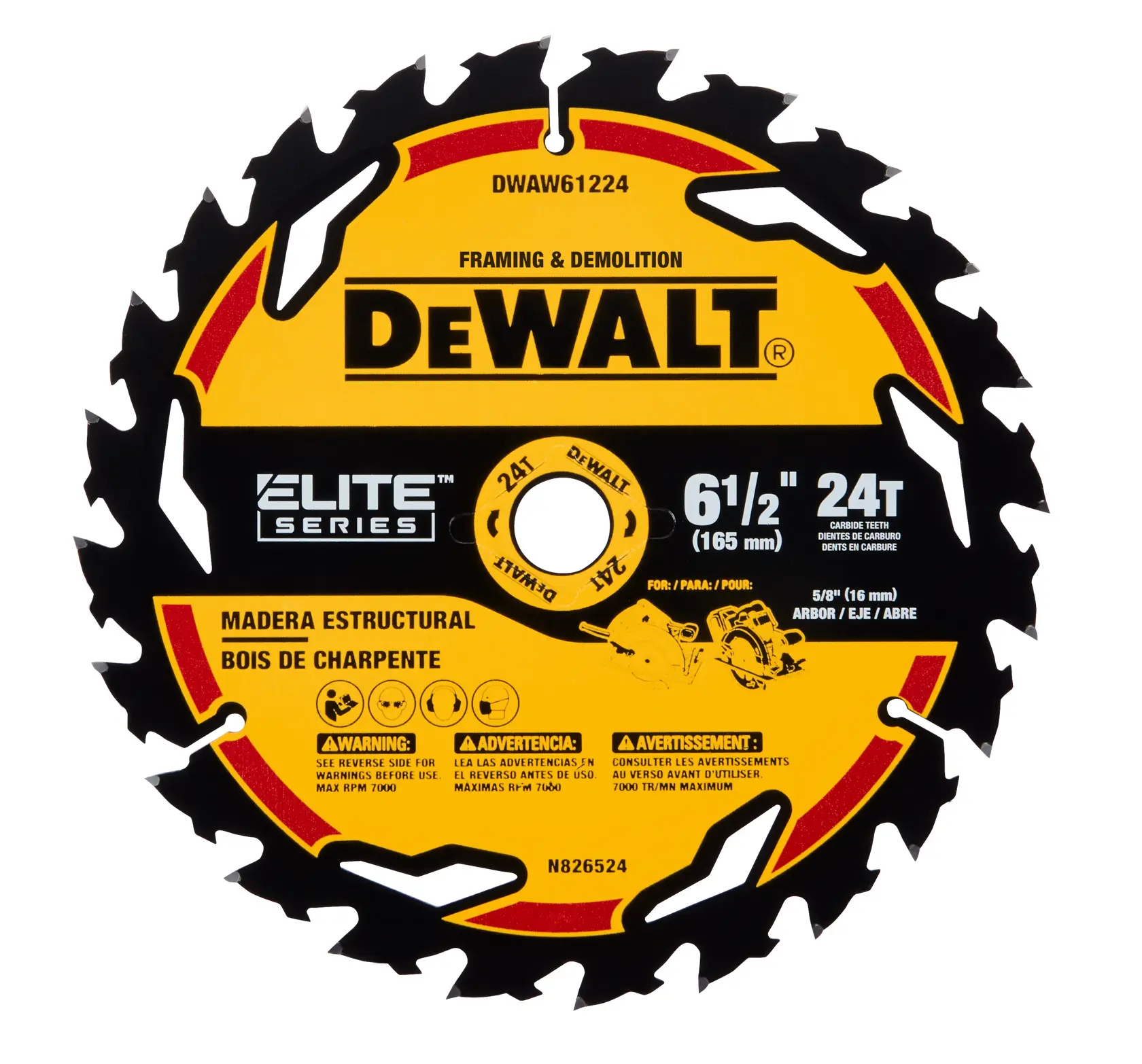 DEWALT Elite Series 6-1/2 inch (165 mm) circular saw blade for framing and demolition, with 24 carbide teeth and structural wood indication. The model number is DWAW61224 and it fits a 5/8 inch (16 mm) arbor. The blade features safety warning icons and text in English, Spanish, and French.