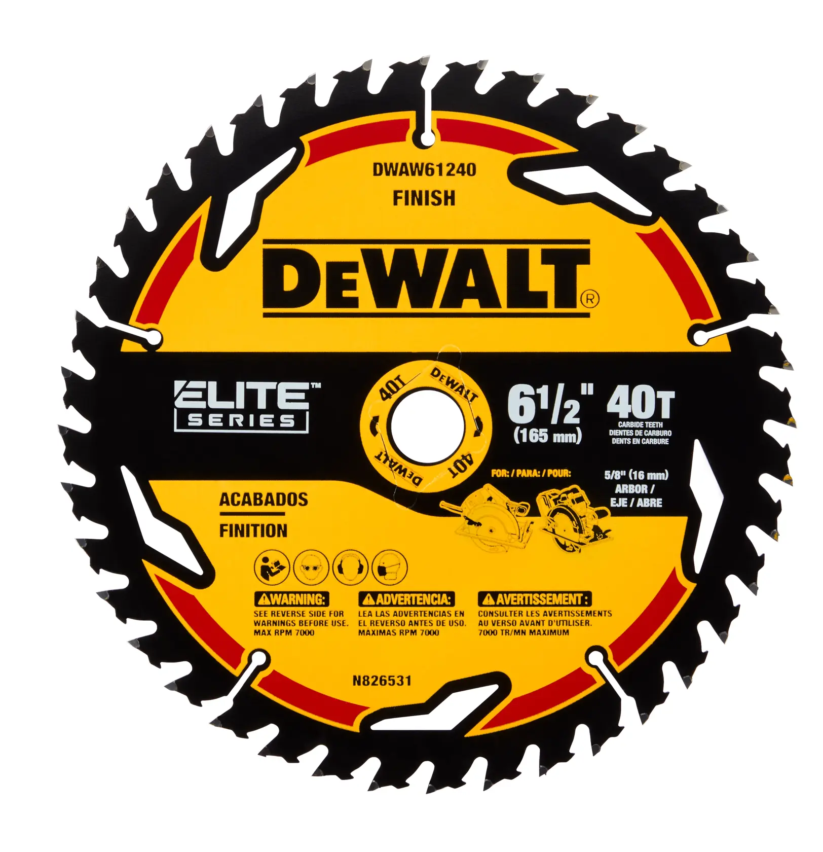 A DEWALT Elite Series circular saw blade, model DWAW61240, with a diameter of 6-1/2 inches (165 mm) and 40 carbide teeth. The blade is yellow and black with product specifications and safety warnings printed on it. Designed for finish cuts, it includes multilingual information for use and safety.