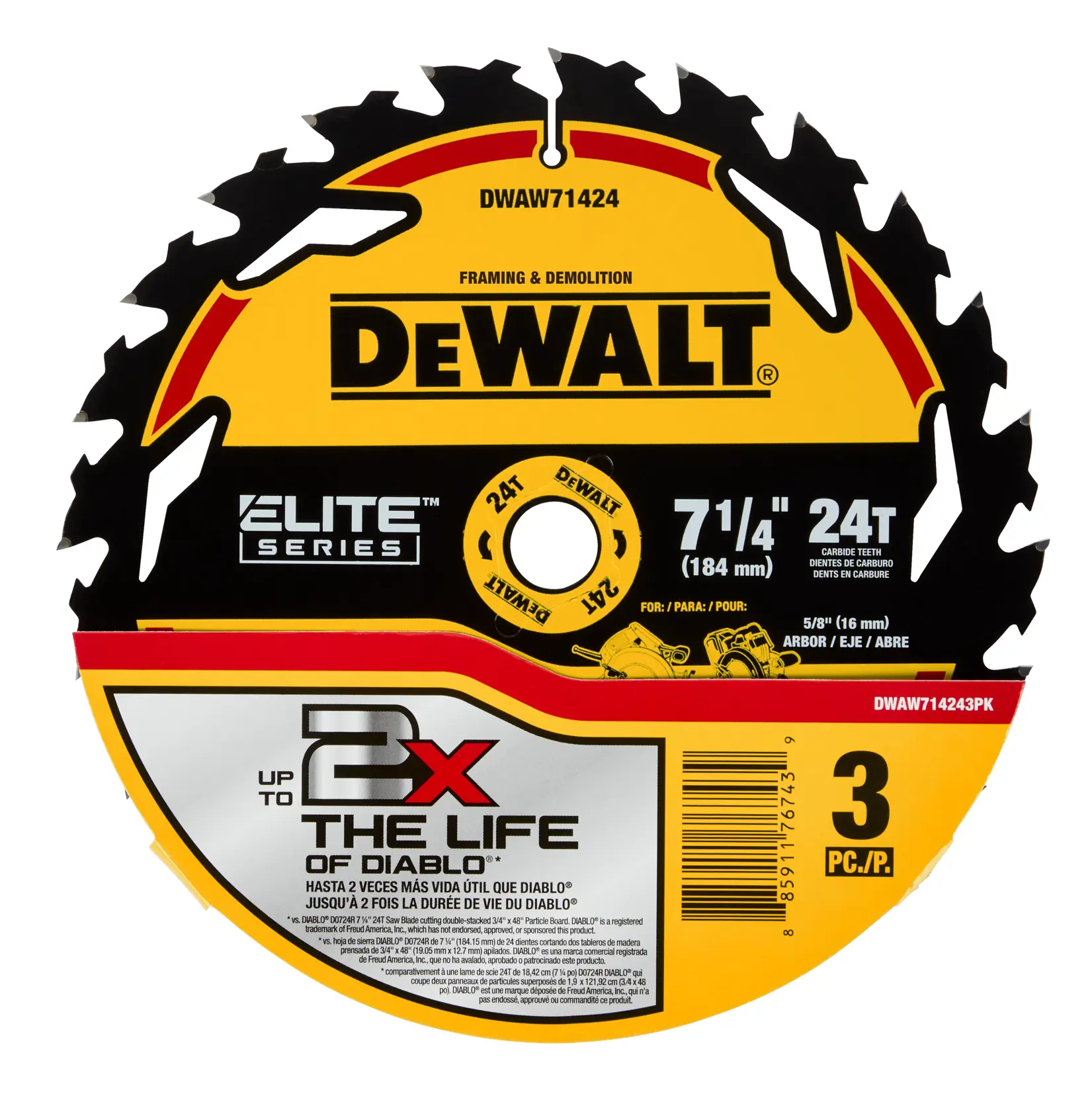 A photo of a DEWALT Elite Series circular saw blade package for framing and demolition. The blade is 7 1/4 inches (184 mm) with 24 carbide teeth and a 5/8 inch (16 mm) arbor. The packaging claims up to 2x the life versus Diablo, and it contains 3 pieces.