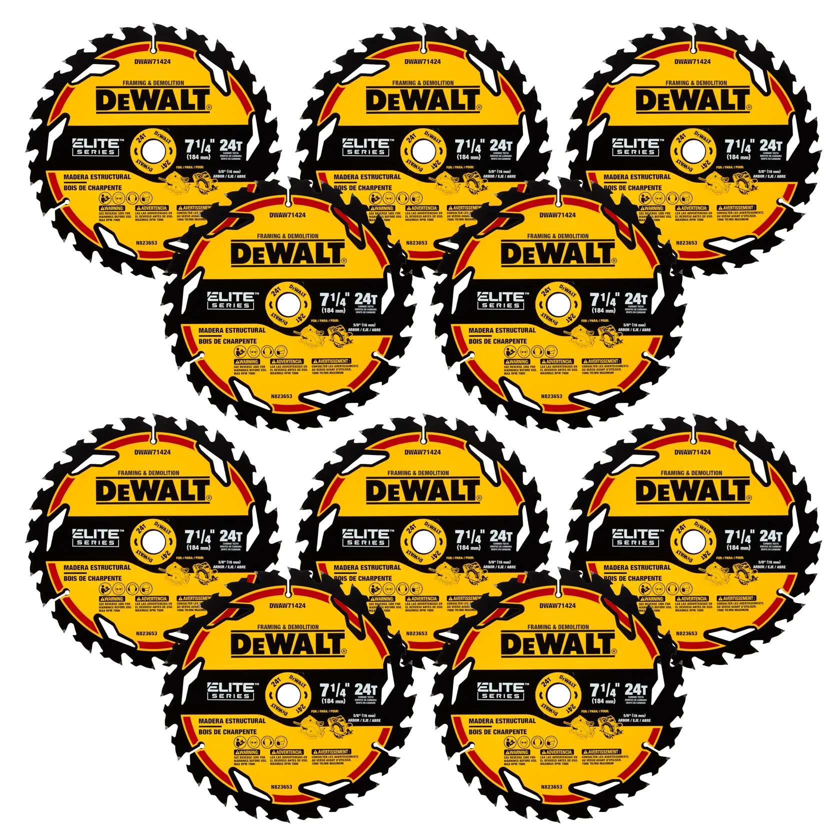 Ten DEWALT circular saw blades, each with a yellow and black design, labeled as '7 1/4 in., 24T' for framing and demolition, part of the Elite Series. The blades are arranged in an overlapping pattern.