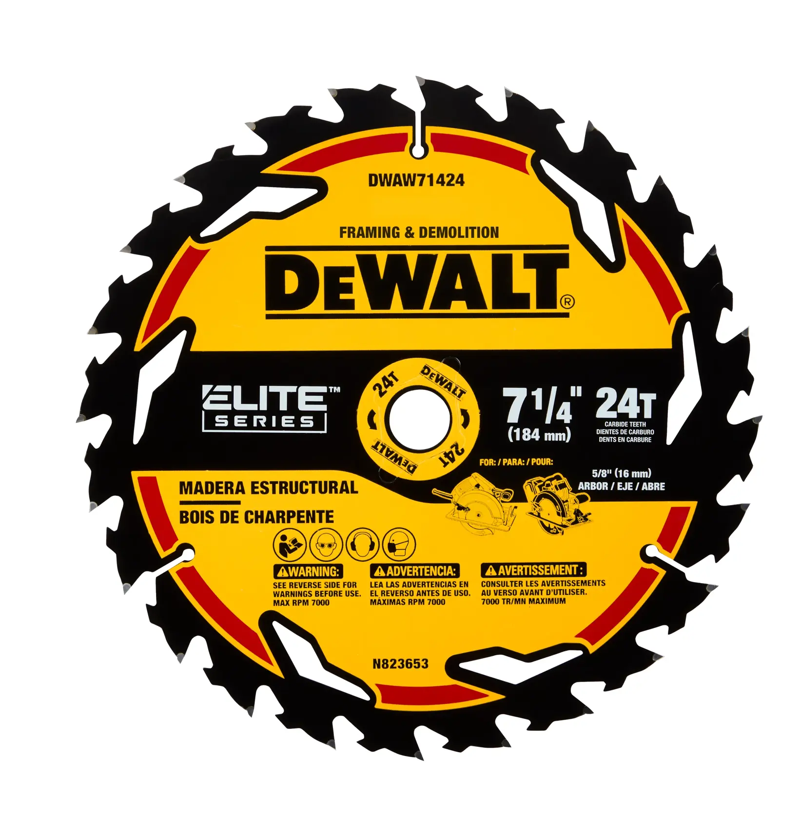 DEWALT Elite Series circular saw blade for framing and demolition, SKU DWAW71424. The blade is 7-1/4 inches (184 mm) in diameter with 24 carbide teeth and a 5/8 inch (16 mm) arbor. It is labeled for use with structural wood and displays safety warnings and instructions.
