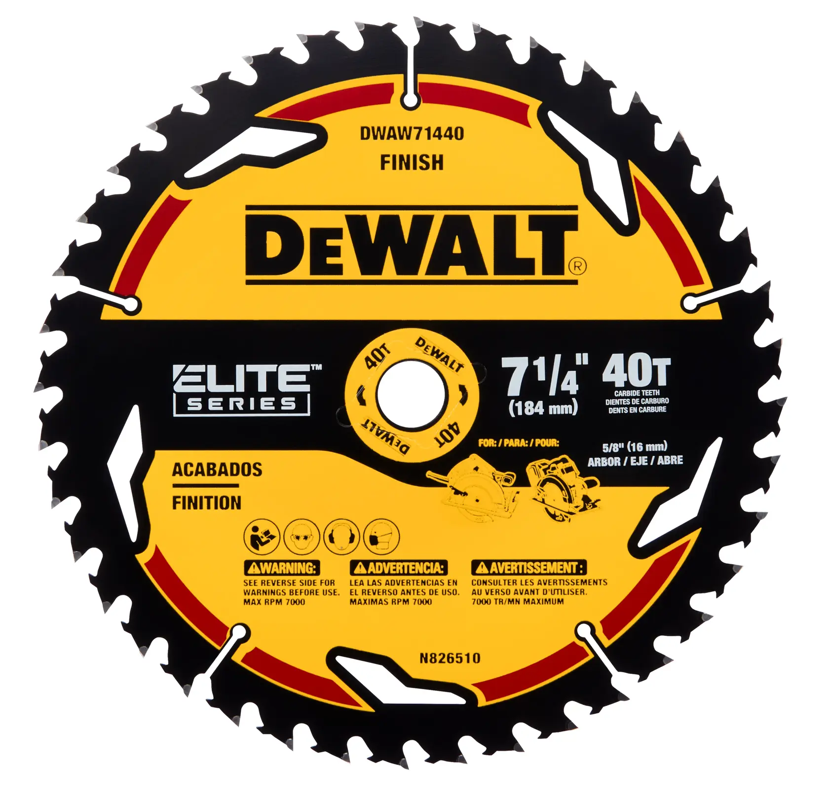 A DEWALT Elite Series circular saw blade with 40 teeth, 7 1/4 inch (184 mm) diameter, and carbide tips. The blade is black and yellow with safety information, warnings, and bilingual instructions (English, Spanish, French) printed on the surface.