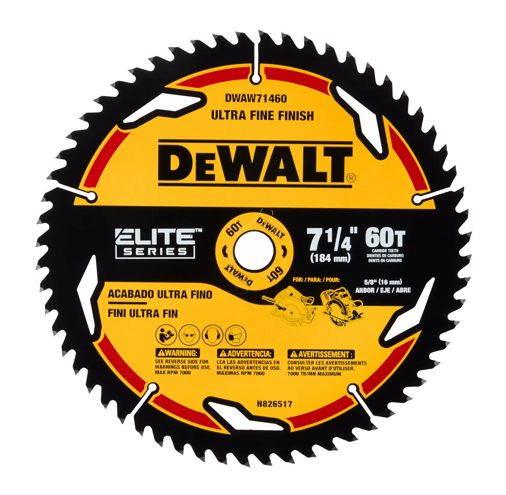 A DEWALT Elite Series saw blade with 60 carbide teeth, model DWAW71460. The blade is labeled 'Ultra Fine Finish,' has a diameter of 7-1/4 inches (184 mm), and is designed for a 5/8 inch (16 mm) arbor. The product features warnings in multiple languages and illustrations for usage, with a black and yellow color scheme.