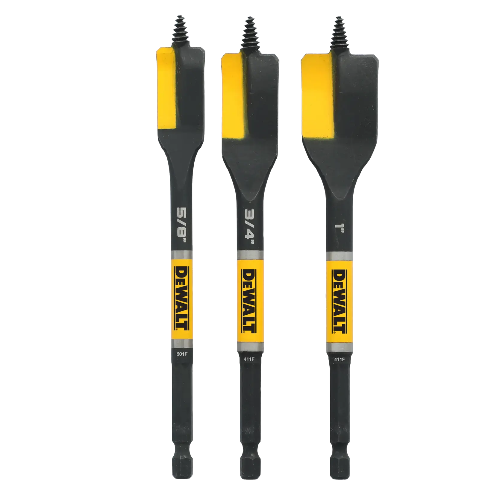 Three DEWALT branded spade drill bits with yellow and black tips, featuring sizes 5/8 inch, 3/4 inch, and 1 inch, shown vertically side by side.